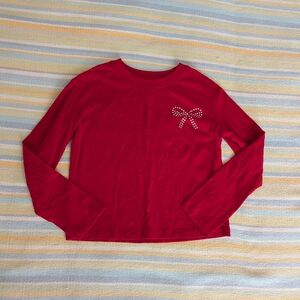 🛍️ BUNDLE ONLY • Cat & Jack Red Long Sleeve Top With Rhinestone Bow Medium (8)